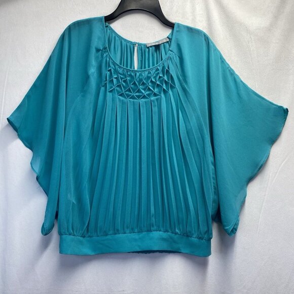 Daniel Rainn Pleated Sheer Batwing Sleeves Blouse Women Large Green Smocked Back - Picture 1 of 16